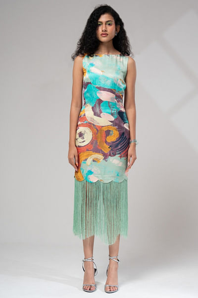 Multicolour scalloped and fringed mini dress