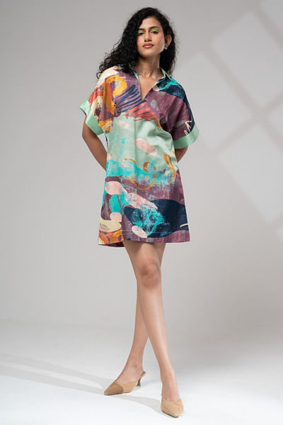 Multicolour printed polo neck shift dress