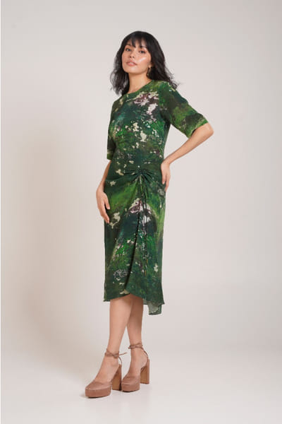 Sage green printed and ruched dress