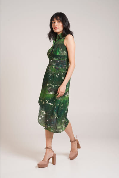 Sage green printed asymmetric shirt dress