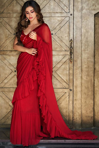 Red ruffle sari set