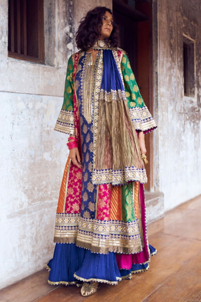 Multicolour embroidered kurta and lehenga set