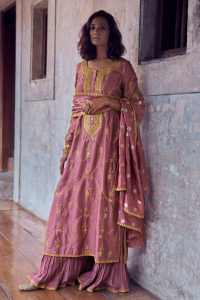 Terracotta marori-sequin embroidered kurta set