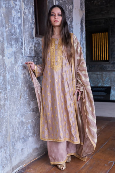Brick marori and sequin embroidered kurta set