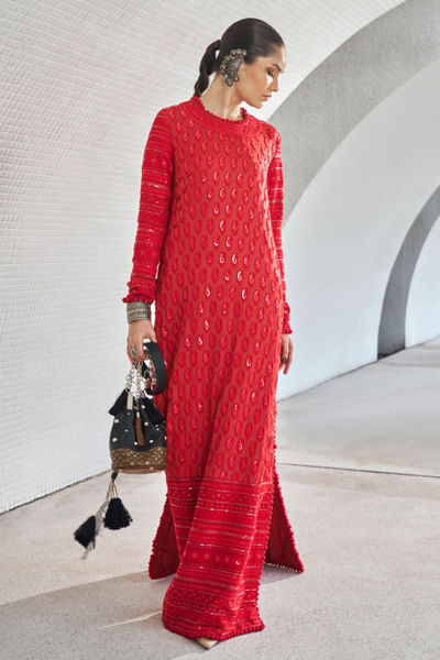 Deep red thread-sequin embroidered kurta set