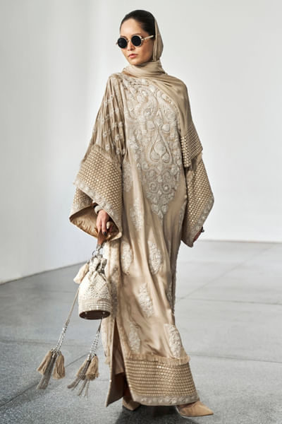 Beige thread and zari embroidered kaftan