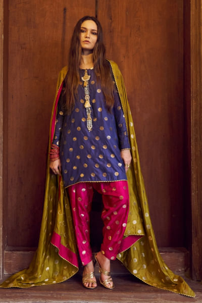 Indigo blue zari polka-dot kurta set