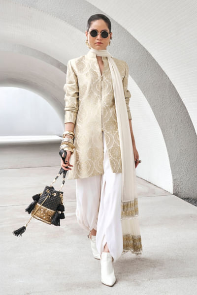Ivory metallic thread embroidered jacket set