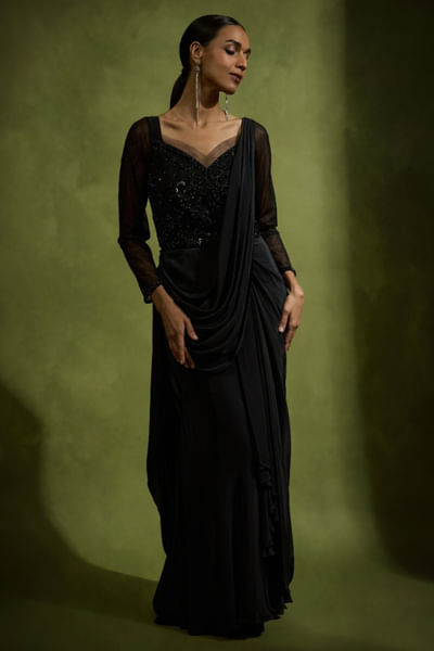 Black embroidered pr-draped sari gown