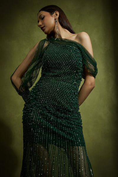 Emerald green sequin embellished gown