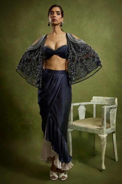 Navy blue pearl embroidered cape skirt set