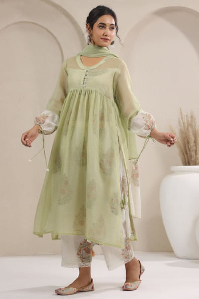 Green floral printed kurta set
