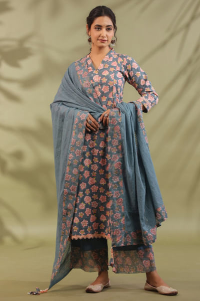 Greyish blue floral printed kurta set