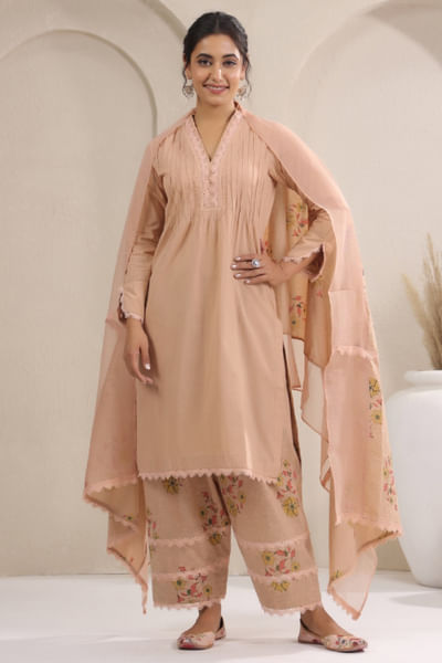 Beige bird print kurta set