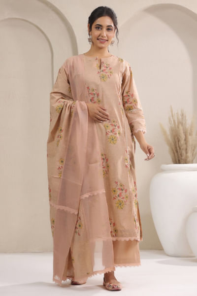 Beige blue floral print kurta set