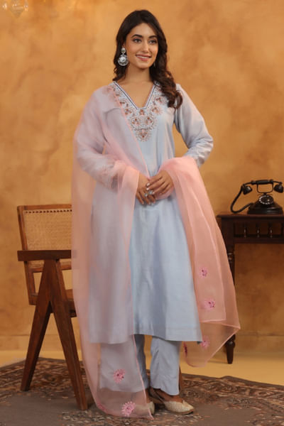 Aqua thread and sequin embroidered kurta set