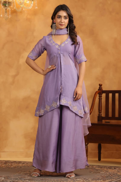 Mauve thread-sequin embroidered sharara set