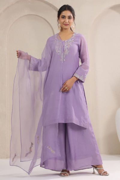 Mauve thread-sequin embroidery sharara set