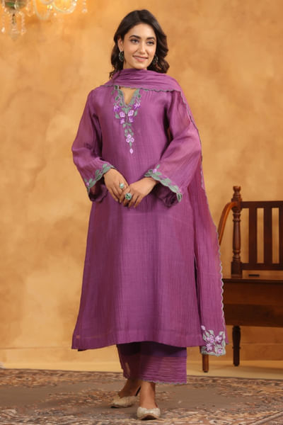 Dark purple floral embroidered kurta set
