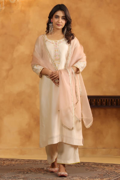 Pearl white hand embroidered kurta set