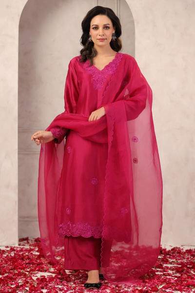 Wine embroidered chanderi kurta set