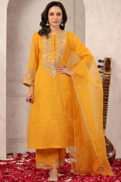 Mustard yellow embroidered kurta set