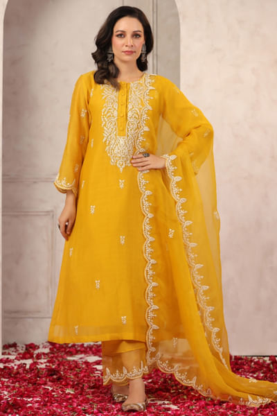 Mustard yellow embroidered chanderi kurta set