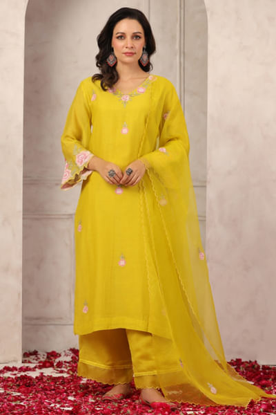 Greenish yellow embroidered chanderi kurta set