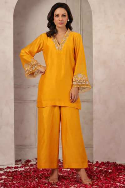 Mango yellow embroidered kurta set