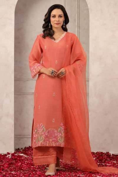Dark peach embroidered chanderi kurta set