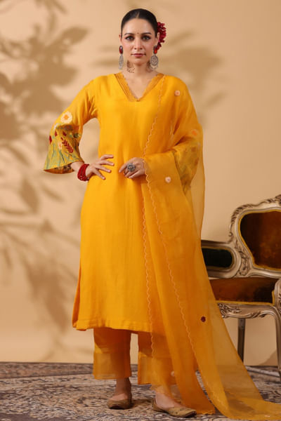 Mango yellow embroidered chanderi kurta set