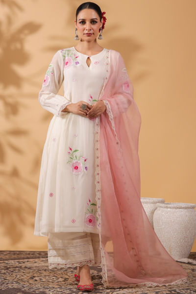 Ivory white and pink embroidered kurta set
