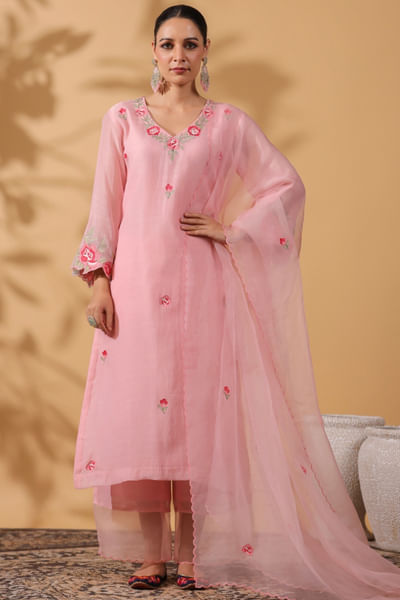 Pink embroidered chanderi kurta set