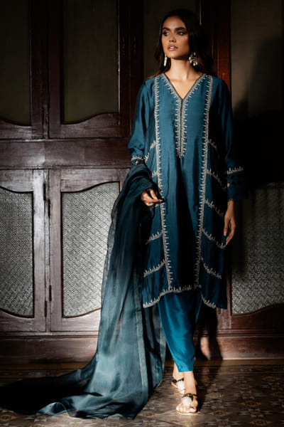 Teal embroidered kurta and salwar set