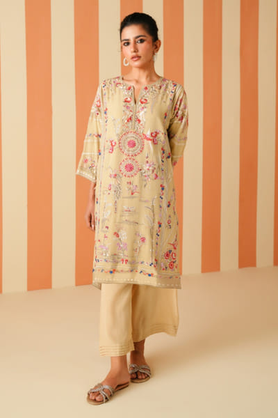 Light yellow resham embroidered kurta set