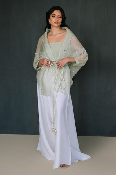 Misha Lakhani Sage green mirror embroidered wrap top MISMAR26D141033