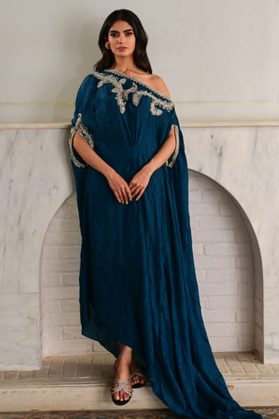 Teal embroidered one-shoulder kaftan