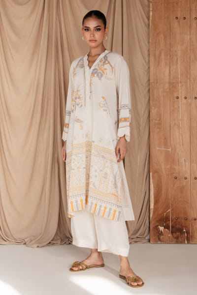 Ivory Mughal floral printed cotton kurta