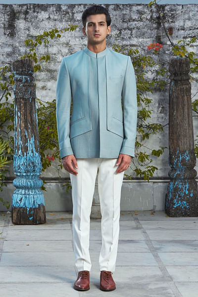 Teal pintuck panelled bandhgala