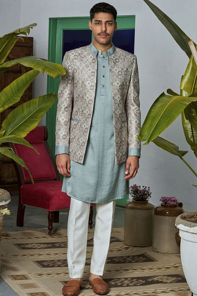Beige and green brocade bandhgala kurta set