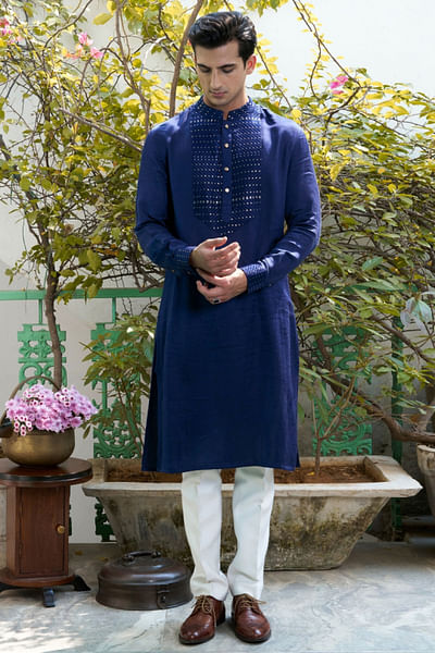 Navy blue chevron sequin embroidered kurta