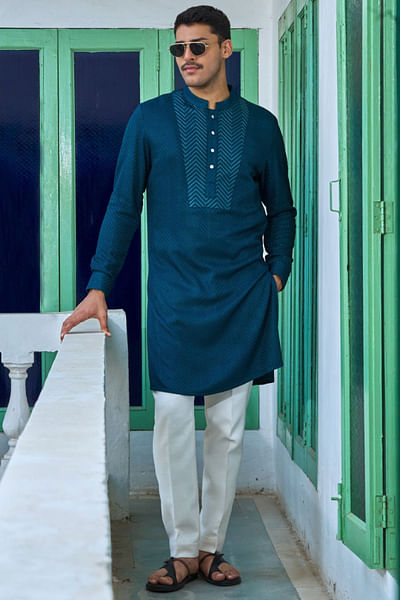 Teal blue chevron embroidered kurta