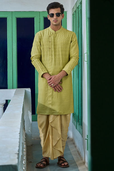 Lime green embroidered angrakha kurta