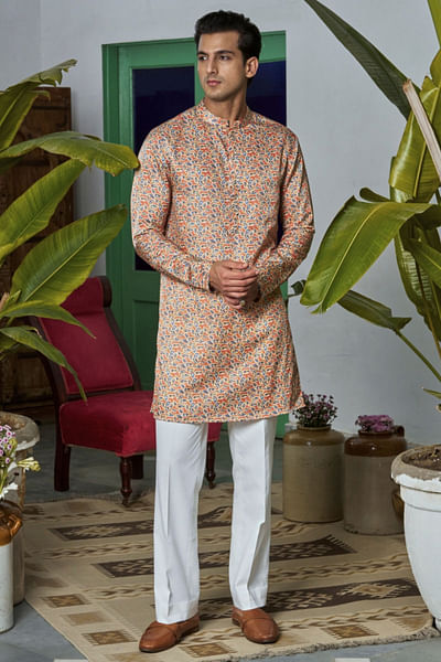 Orange and blue leaf printed kurta