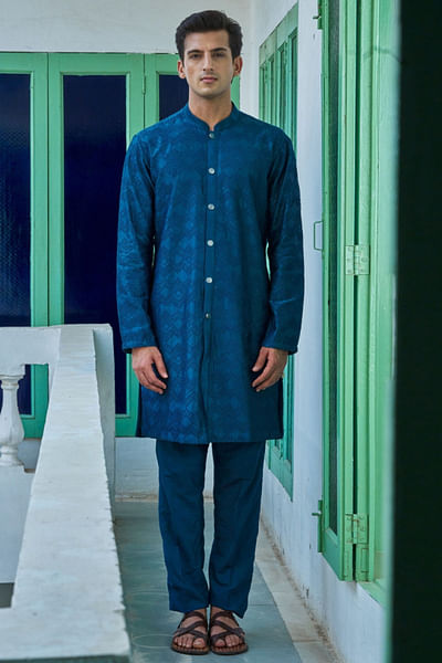 Blue geometric embroidery front open kurta set