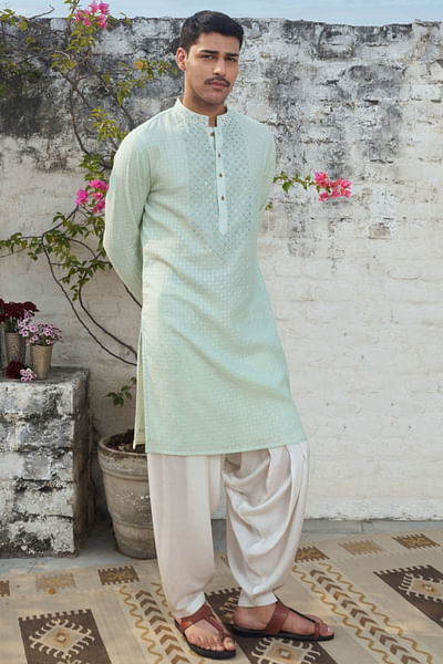 Mint green floral chikankari embroidered kurta