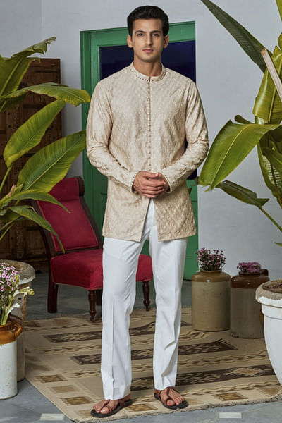 Beige embroidered short kurta
