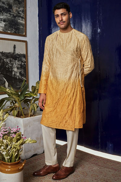 Yellow ombre floral embroidered angrakha kurta