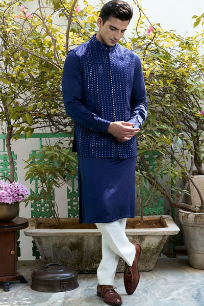 Navy blue sequin embroidered bandi kurta set