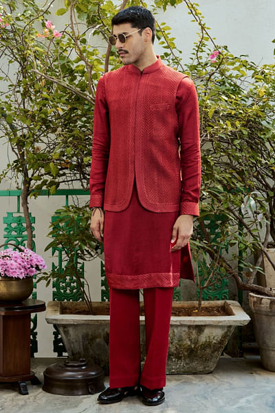 Red chevron embroidery pintuck bandi kurta set